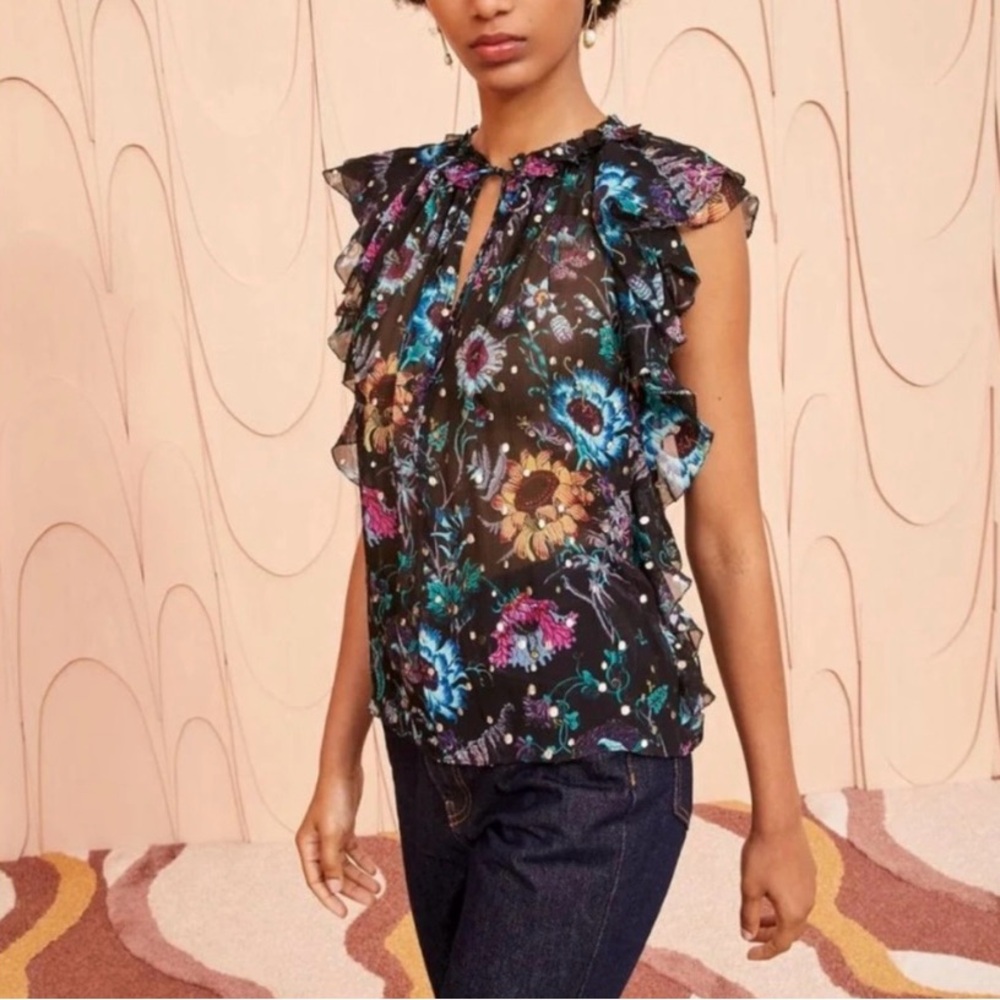 Ulla Johnson Dominique Black Sheer Floral Print Ruffle-Sleeve Blouse Multi size